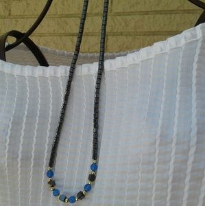 Hematite necklace with Blue, Grey and Gold accents